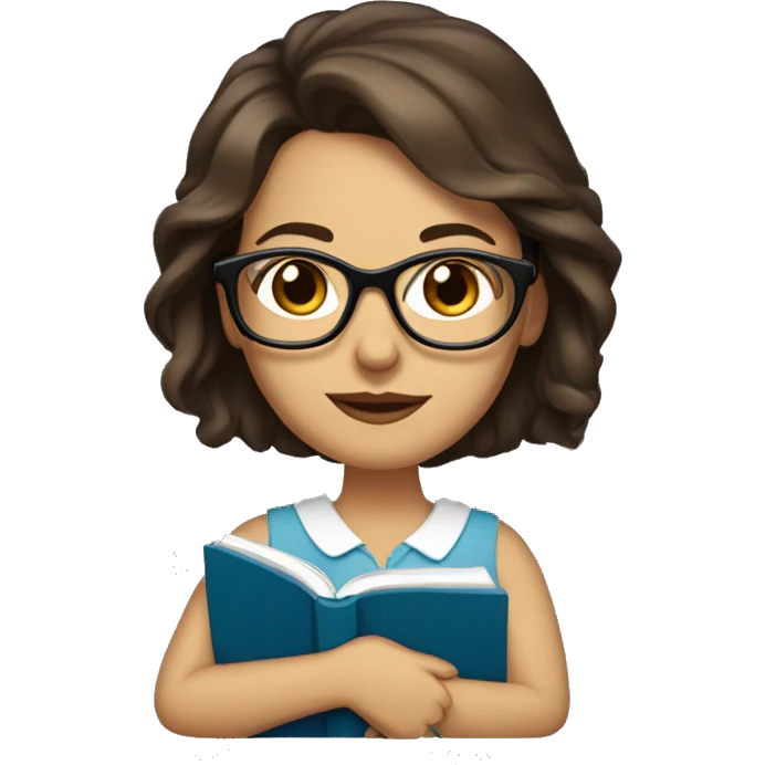 woman with glasses and and blue eyes and medium length brunette hair halding a book emoji