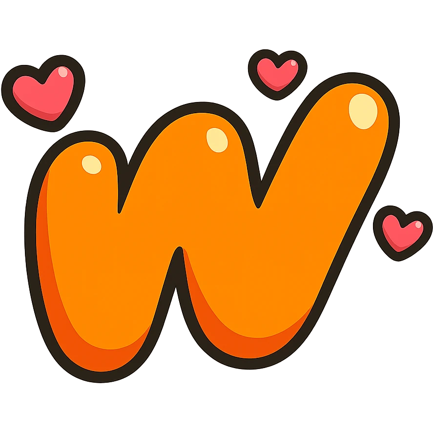 puffy cartoon-style Wattpad logo 'w' with thick contour, soft shadows and glossy highlights, decorated with a few cute hearts, no background emoji