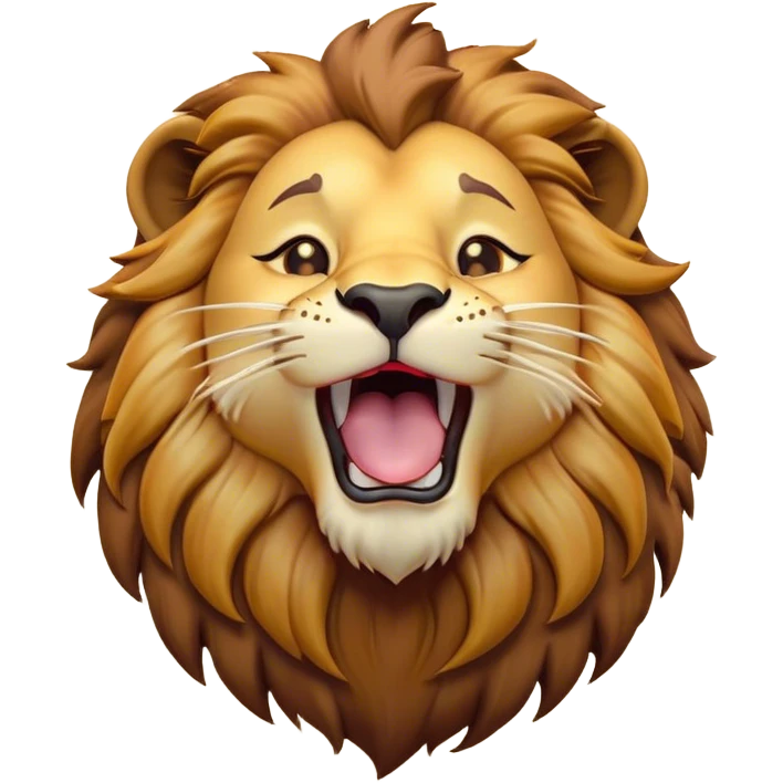 Cinematic Cute Yawning Lion Portrait Emoji, Head tilted slightly with a dramatic, wide-open yawn, showcasing a soft, downy tawny Fur with a majestic mane, floppy ears slightly drooping, round amber eyes barely open in drowsy contentment, Simplified yet irresistibly adorable features, highly detailed, glowing with a soft, cozy glow, high shine, relaxed yet expressive, stylized with a touch of savannah whimsy, bright and endearing, soft glowing outline, capturing the essence of a sleepy yet affectionate lion, so drowsy it feels like it could stretch out of the screen and curl up for a nap! emoji