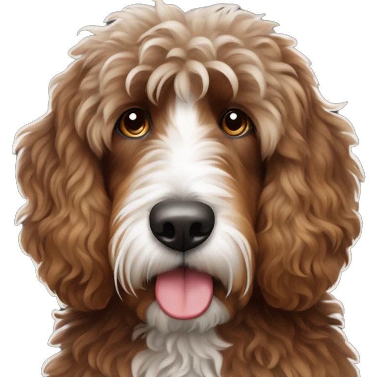 Bernedoodle with fringe over eyes dark redish brown with white in the cent emoji
