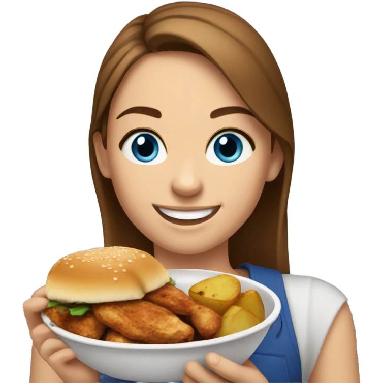 White girl blue eyes brown hair eating grilled chicken and potato  emoji