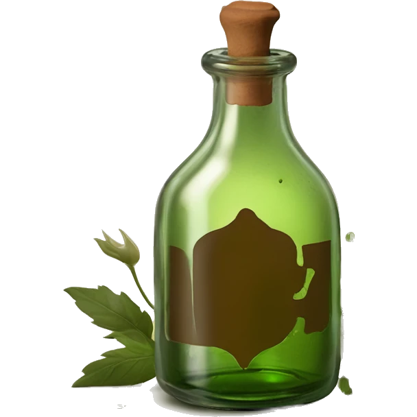 Mysterious Alchemical vintage glass potion bottle, exquisite bottle shape, old and shabby, with label, stylish and minimalistic, brown and shabby-green, oil potion is poured out of the bottle, herbal, flowers and oil is spilled next to it emoji