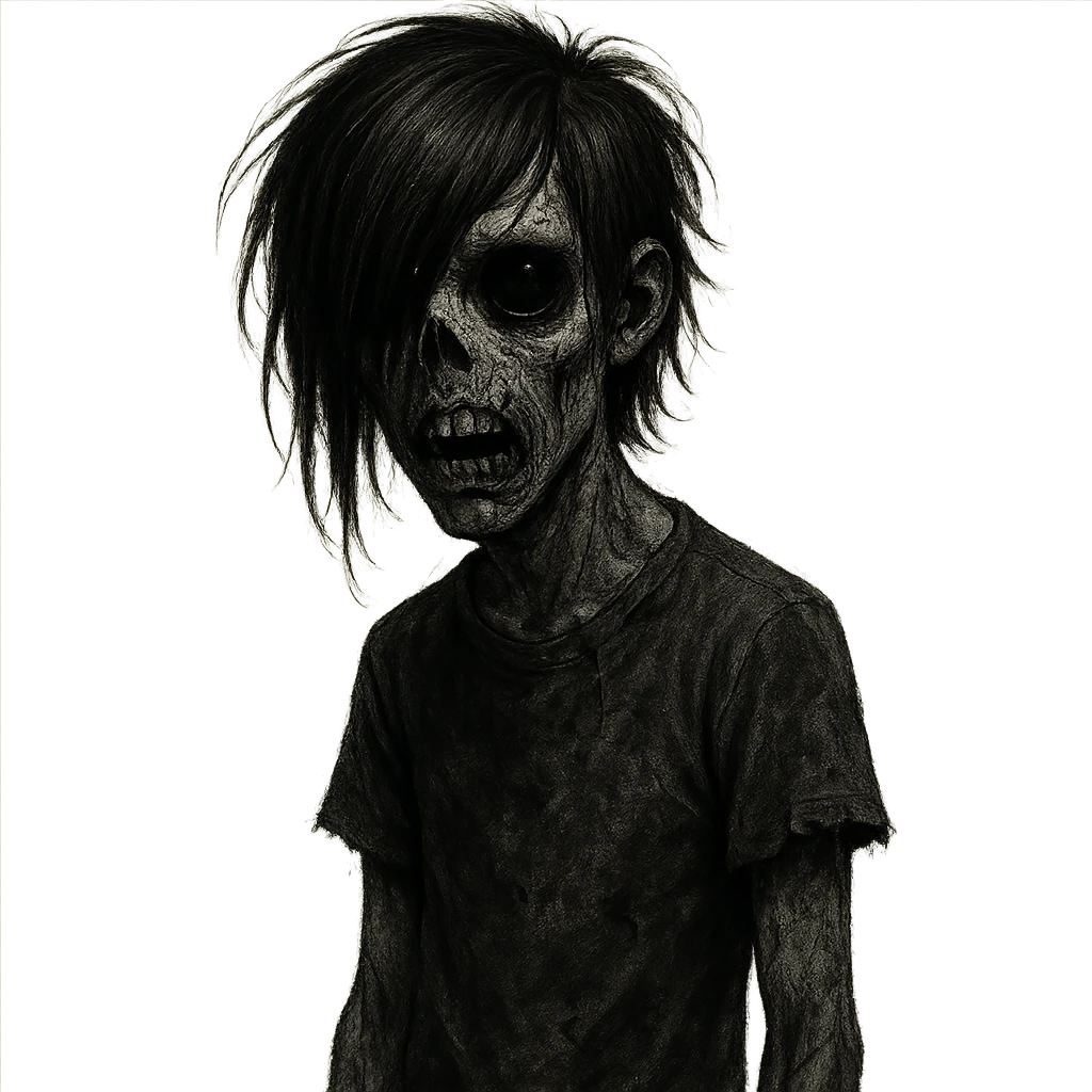 boy zombie with black hair, emo style, creepy, long hair, scary, black eyes, black skin emoji
