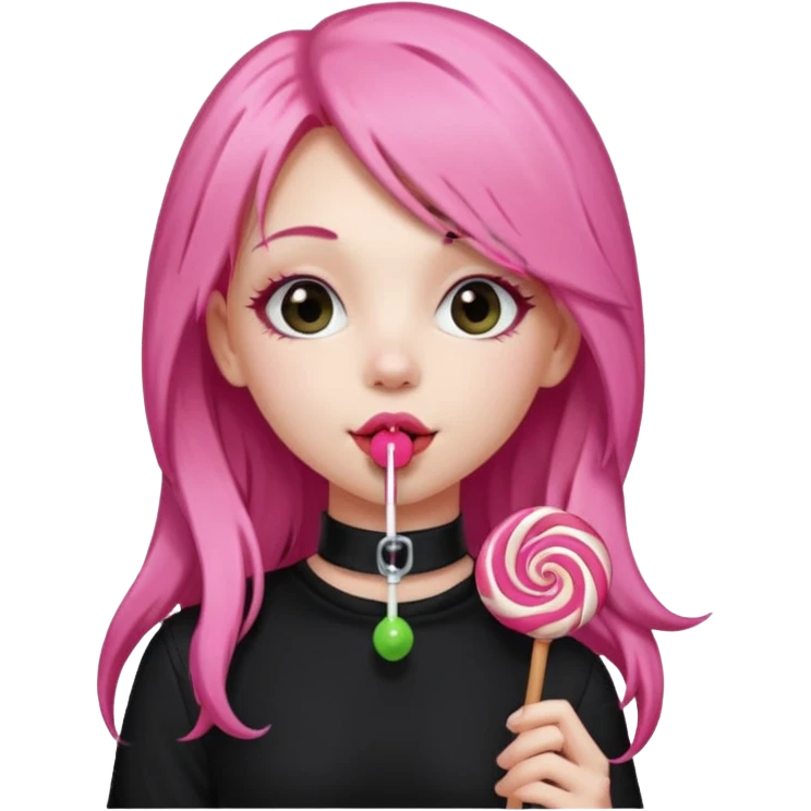 Cute girl with long pink hair wearing black, and a cute choker  licking a lolli emoji