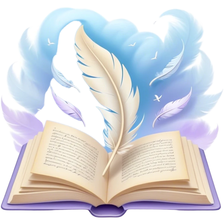 Create a delicate and poetic emoji representing poetry. The design should feature several elegantly flying pages with short poetic columns written on them. The pages should appear light and flowing, almost as if being carried by the wind. Include a white feather gently resting on the pages, symbolizing creativity and inspiration. Use soft, pastel tones like light blues, purples, and creams to give it a dreamy, artistic feel. The design should feel ethereal and whimsical, capturing the essence of poetry. Make the background transparent. emoji