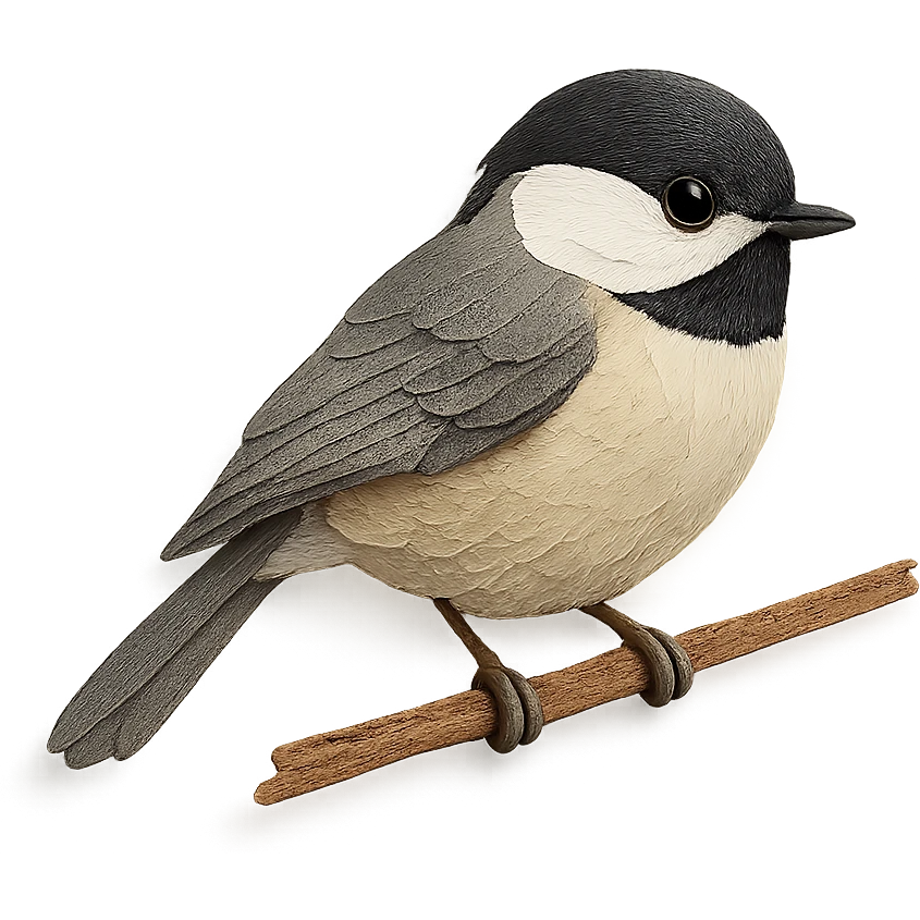 Carolina Chickadee sitting on a branch, delicate paper layers, expressive eye, naturalistic pose, subtle color variations emoji