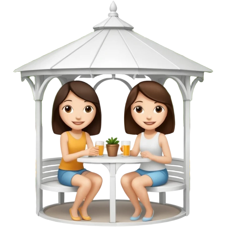 Two small brunette women sitting inside a large white gazebo emoji