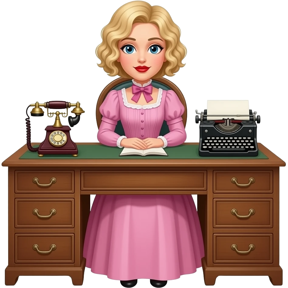 short blonde curly pixie bob hair in a 1800 pink dress sitting down an antique desk, antique phone, and antique typewriter with red lipstick emoji