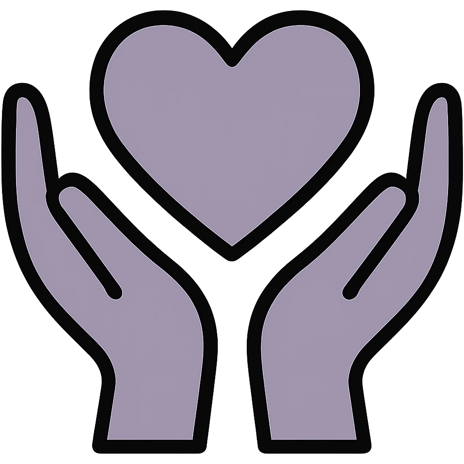 Make the hands more realistic while keeping the dull purple color-filled style, hands outlined in black, heart shape in the center, maintain transparent background. emoji