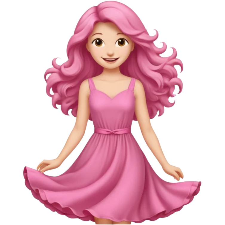 Cewe Romantis Dress warna pink lembut, rambut terurai, lagi senyum emoji