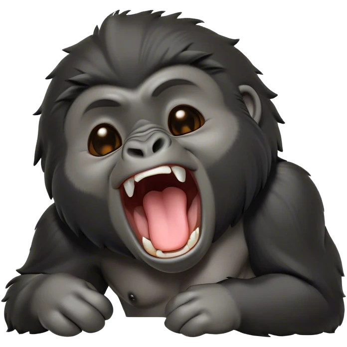 Cinematic Cute Yawning mountain Gorilla Portrait Emoji, Head tilted slightly with a dramatic, wide-open yawn, showcasing a formidable build with a black and greyy mane and drowsy, half-closed eyes, Simplified yet irresistibly adorable features, highly detailed, glowing with a soft, cozy jungle glow, high shine, relaxed yet expressive, stylized with a dash of whimsical primate charm, soft glowing outline, capturing the essence of a drowsy yet affectionate guardian that appears ready to stretch out for a nap! emoji