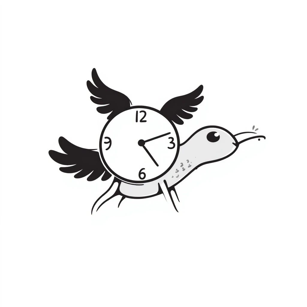 whimsical hand-drawn doodle of a clock with wings, notion style emoji