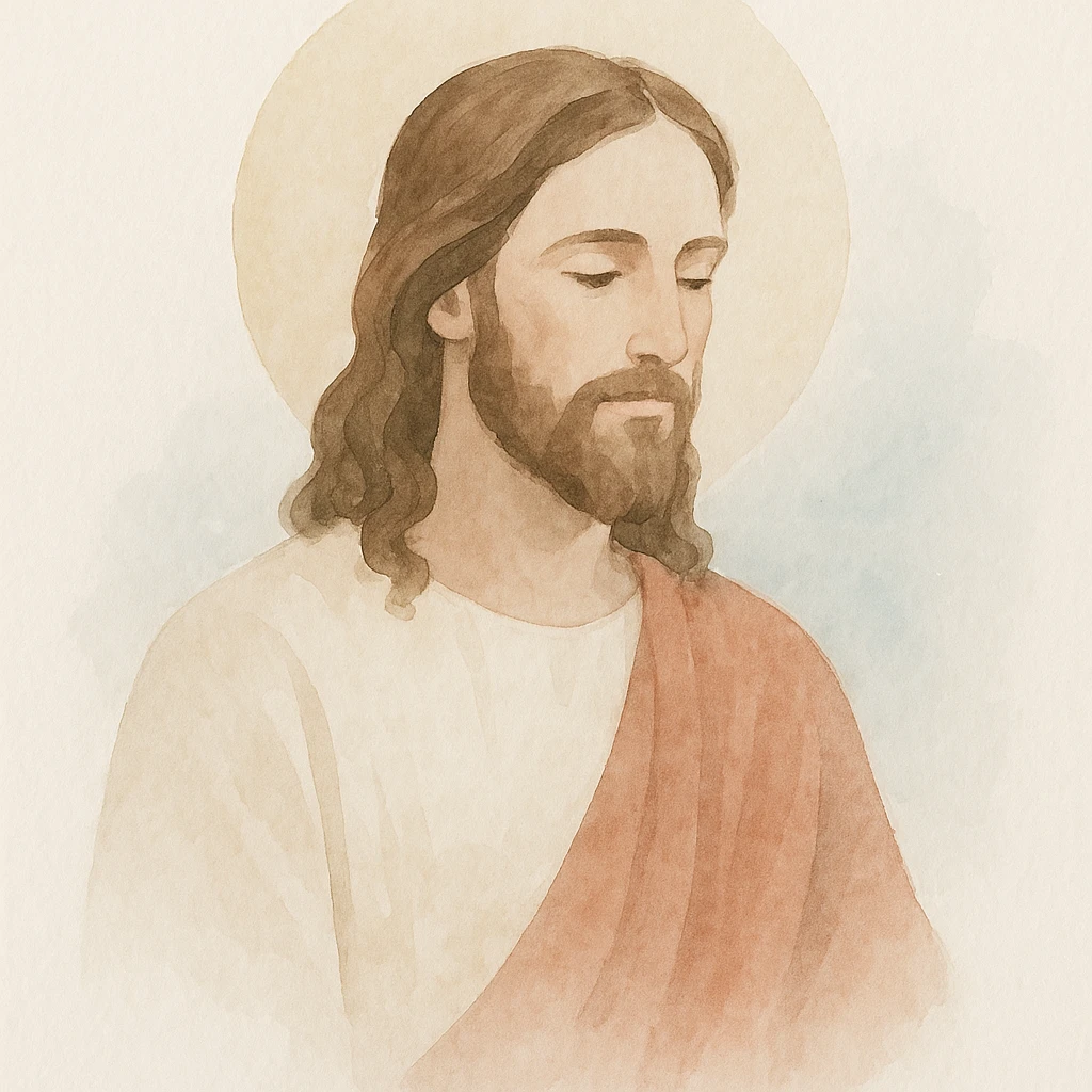Jesus Christ in watercolor style, with halo, soft colors, long hair and beard, traditional clothing, artistic background emoji
