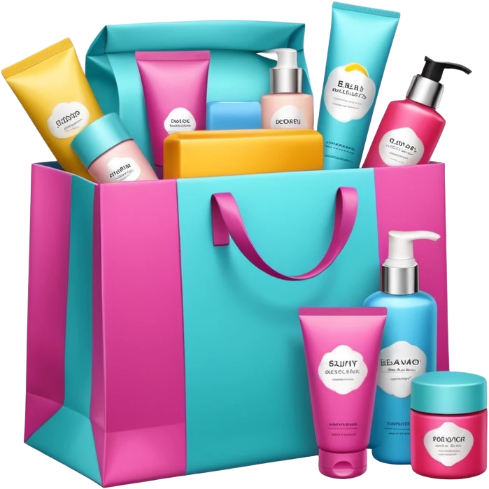 Gift bag with beauty products (shampoo, creams, styling products), a gift bag is beautyful open box full of luxury brand-labeled beauty products emoji