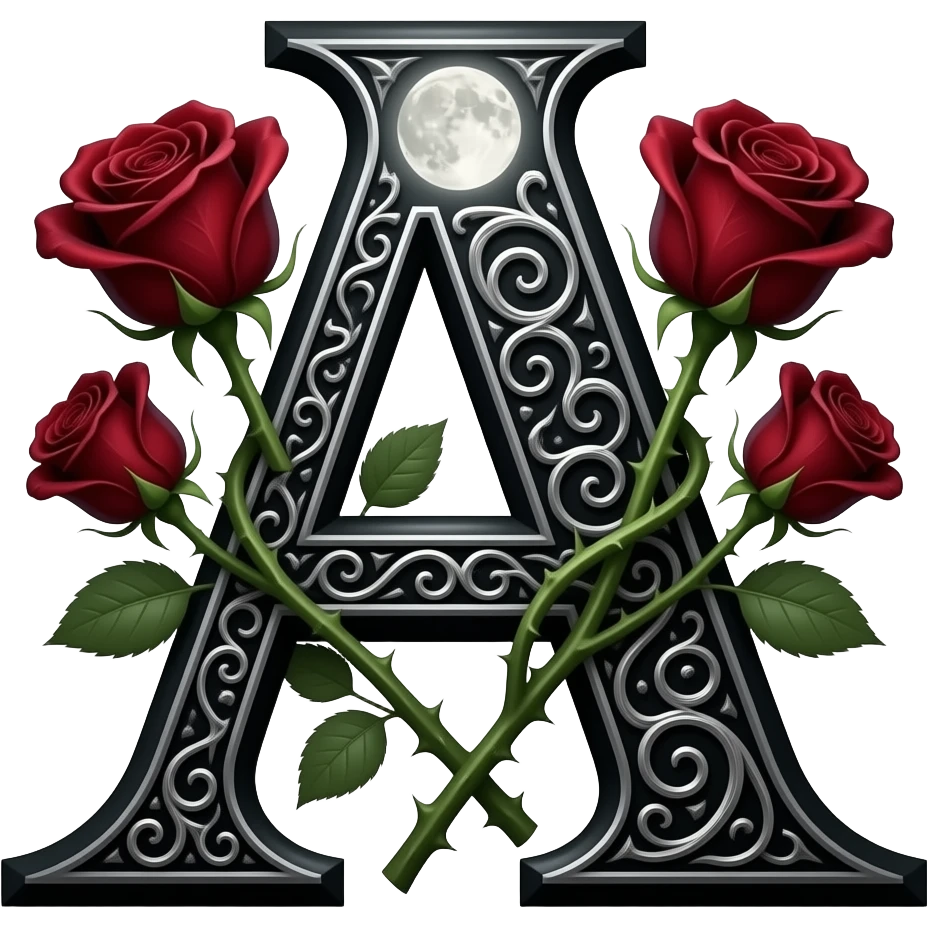 A heavy obsidian letter 'A' with silver filigree engraving. Deep red velvet roses with thorny stems wrap over the letter. Glowing moonlight effect, dark and moody atmosphere, deep glowing emoji