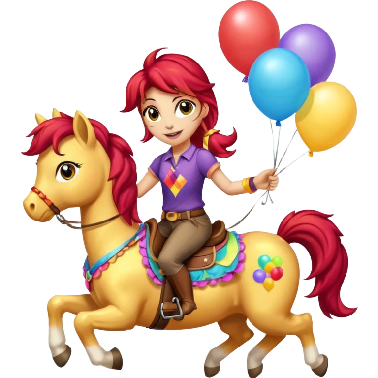 sunset shimmer mlp holding colorful balloons tied to its saddle, looking cheerful. emoji