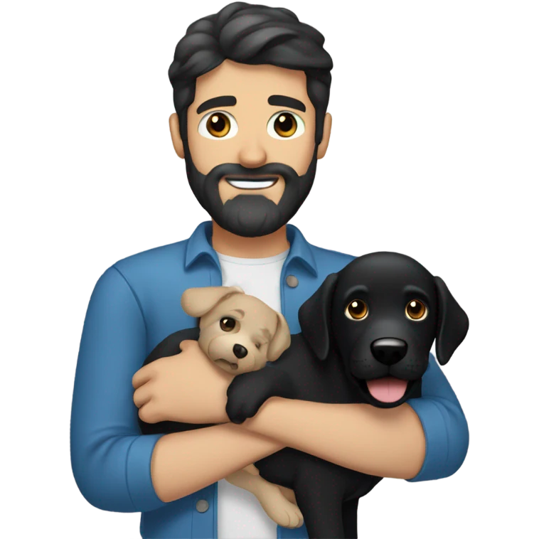 man with dark hair blue eyes beard and mustache holding black Labrador  emoji