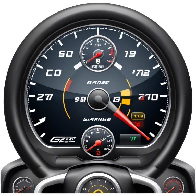 An icon showing a racing game interface, inspired by Grand Turismo. The design features a garage with a selection of high-performance cars, along with race track visuals in the background. Speedometer, lap timer, and other HUD elements add to the excitement. Transparent background emoji
