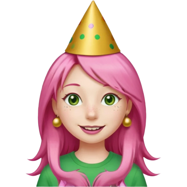 Create a girl with long pink hair and green eyes with long eyelashes and a smiley face. She has freckles in her face and a lit of bit of pink lipstick on her mouth, she’s also got gold birthday party hat on her head with gold pom poms on top of it, and her T-shirt is all red emoji