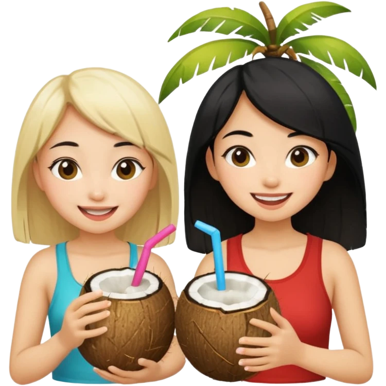 Two girls drinking out of a coconut one is Asian with black hair the other is white with blonde hair  emoji