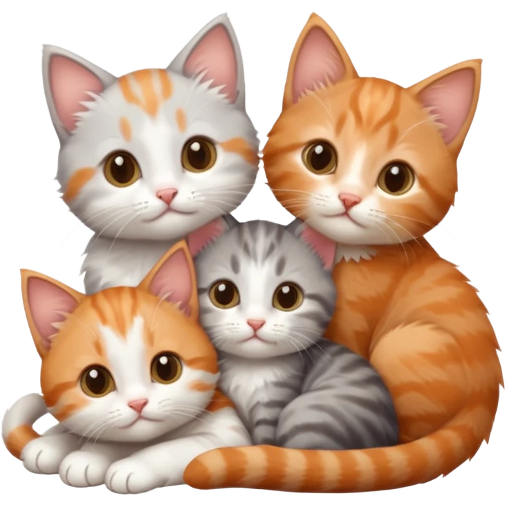 3 tiny kittens cuddling together all different colours, the first one is grey and white, the second is ginger and white and the third is brown tabby and white emoji
