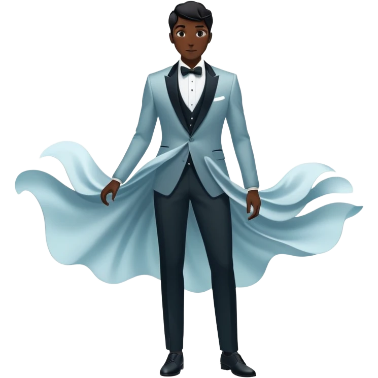 Ethereal male fashion silhouette with formal wear and subtle energy waves, floating style essence, masculine inspiration emoji