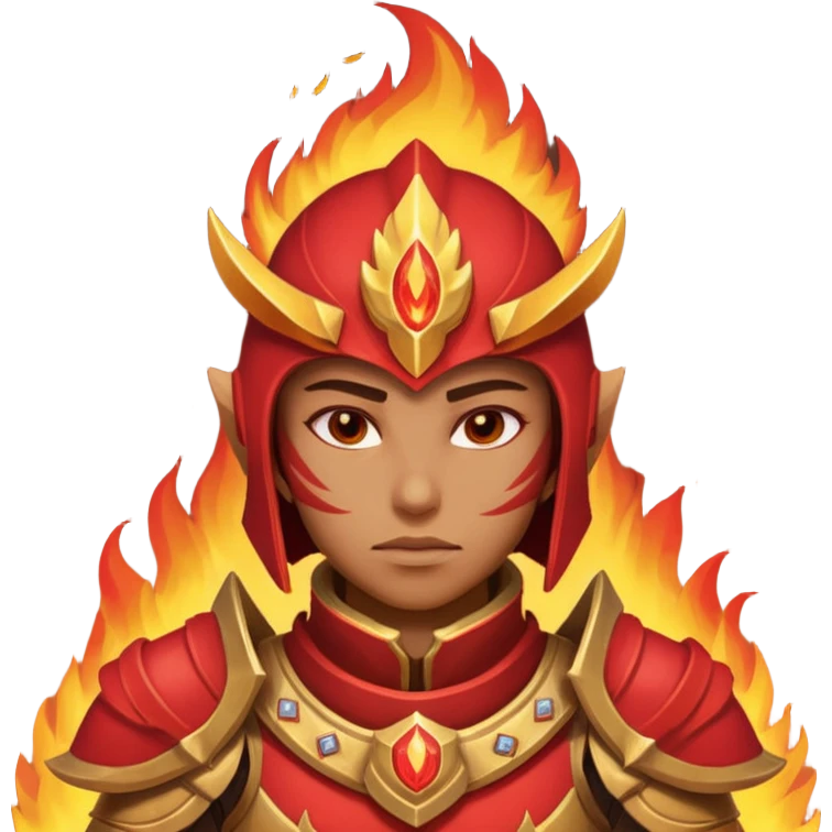desert fire warrior portrait, head and shoulders only, red-gold armor collar, glowing fire accents, powerful gaze, fantasy desert vibe, 3D cartoon, mobile game icon style, clean background, no text, no watermark
 emoji