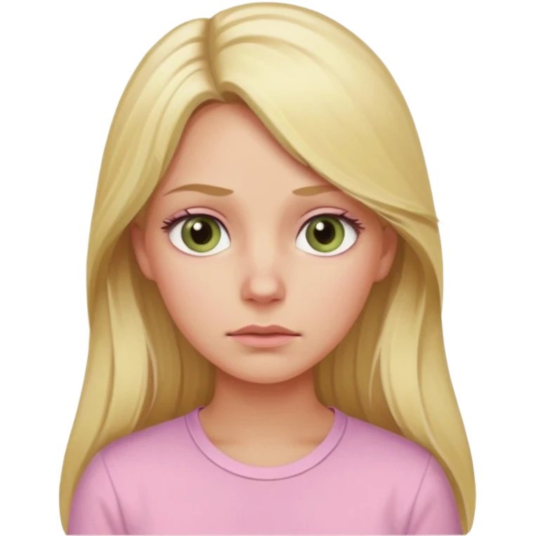blonde with long hair and swamp-colored eyes, wearing a pastel pink shirt, thoughtful expression, iOS Apple emoji style emoji