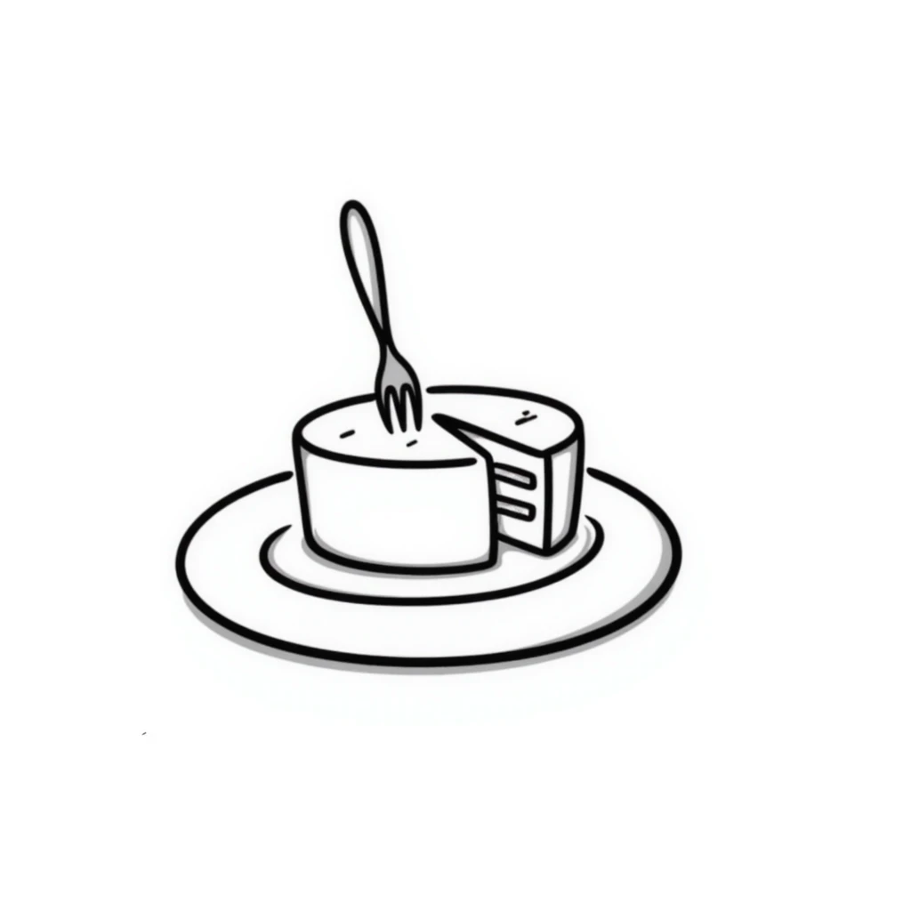 hand-drawn sketch of a partially eaten cake with a fork stuck in it emoji