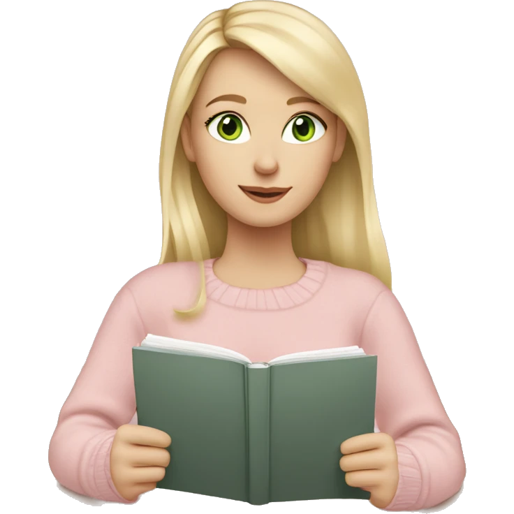 pretty white girl, blonde hair, green eyes studying in a light pink jumper emoji