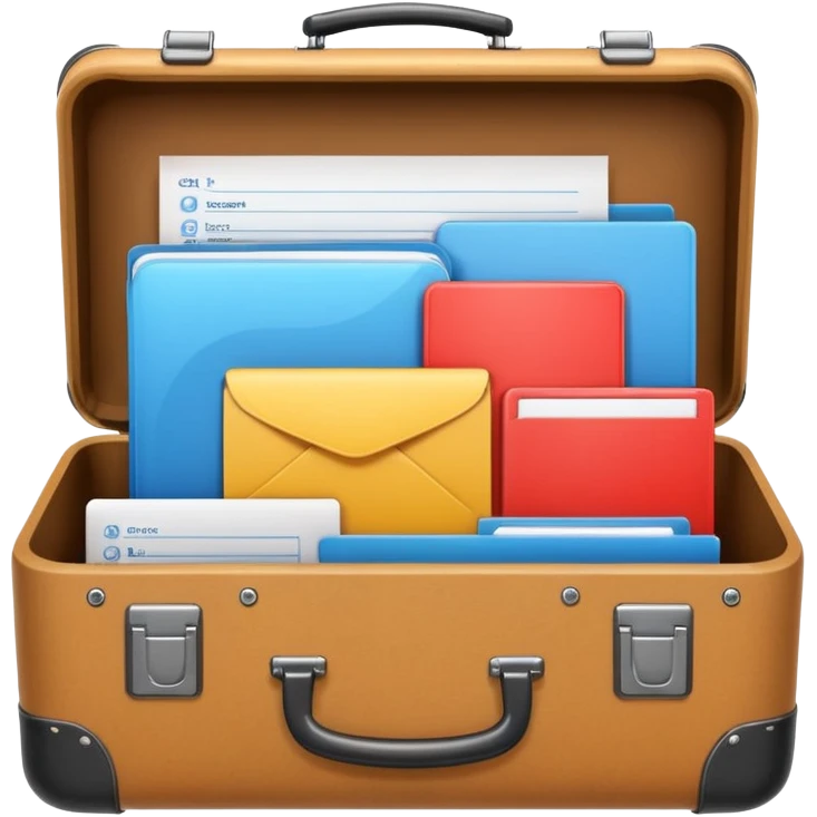 suitcase with compartments holding symbols for CRM, task lists, chat bubbles, and document files, clean modern emoji style emoji