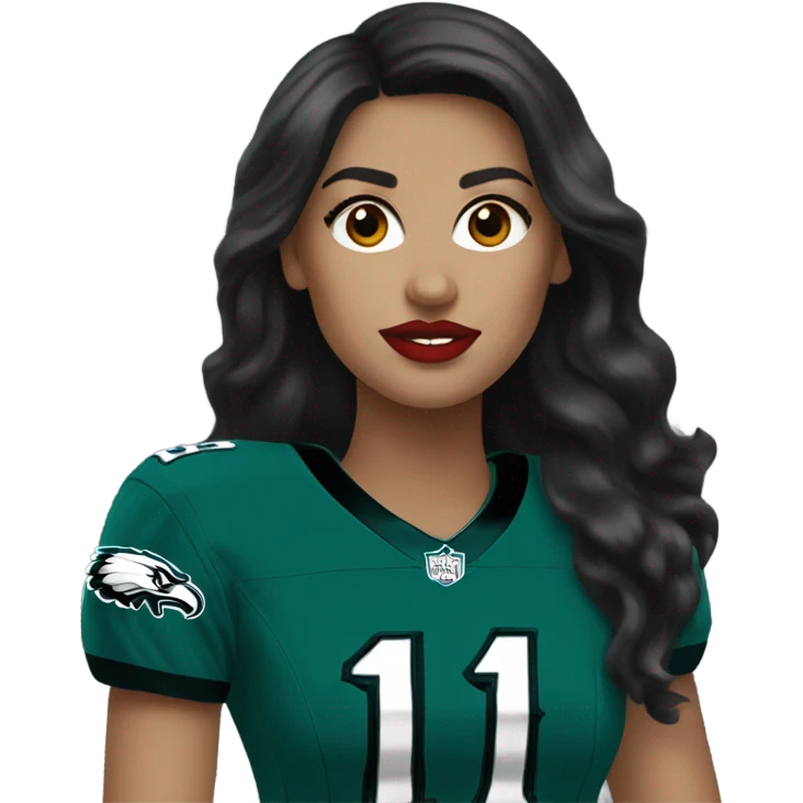 White female long dark hair red lips wearing Philadelphia Eagles jersey emoji