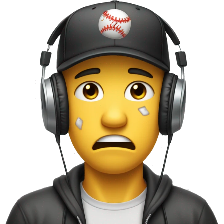 An emoji of a gamer wearing large headphones and a backward baseball cap, crying with tears streaming down both cheeks. The face shows a mix of sadness and frustration, with the mouth slightly open. The background is simple and non-distracting emoji