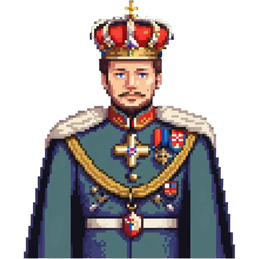 Russian Tsar with elaborate crown, decorated military uniform with medals, royal cape emoji