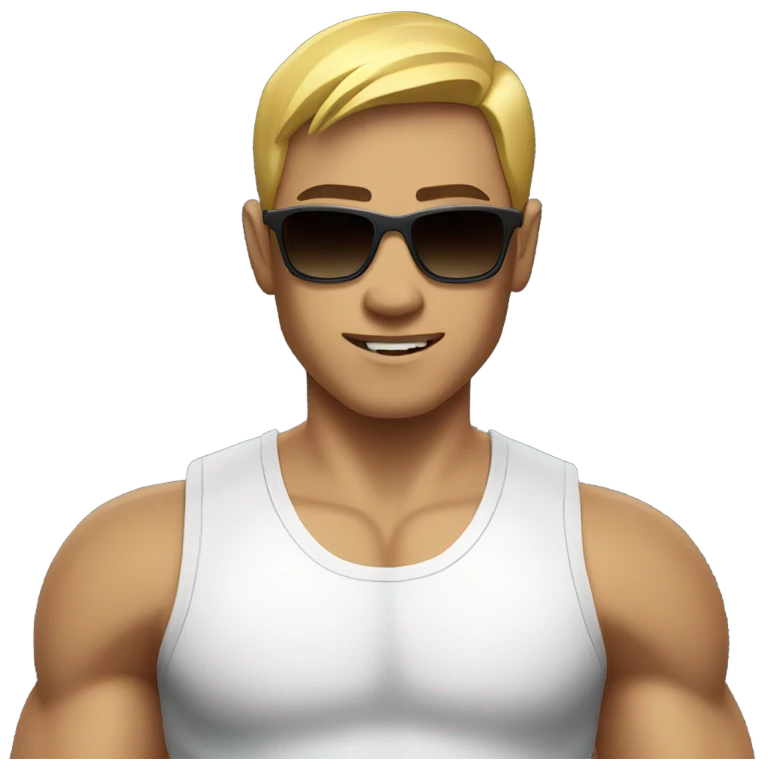 muscular asian personal trainer short golden hair with sunglasses white vest emoji