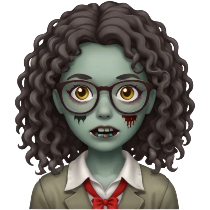 make a zombie girl with grey skin and long dark brown curly hair and glasses emoji