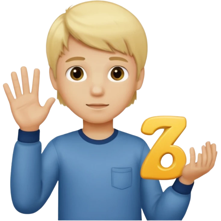 A blond boy holding in one hand 6 and in the other 7 emoji