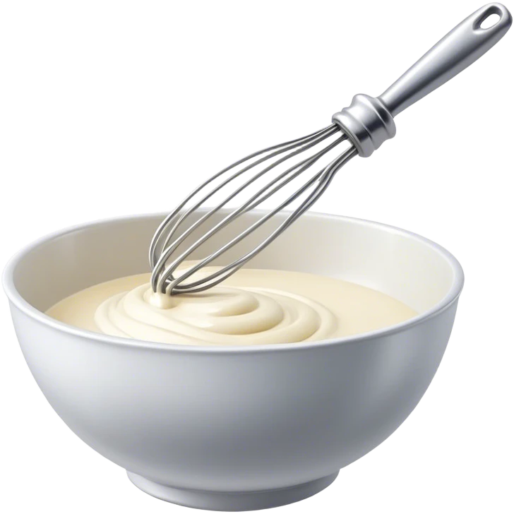 Cinematic Realistic Whisk & Mixing Bowl, a well-used metal whisk resting in a smooth ceramic mixing bowl, light reflecting off the whisk’s polished surface, subtle smears of batter along the rim, glowing with a sense of warmth and creativity. emoji
