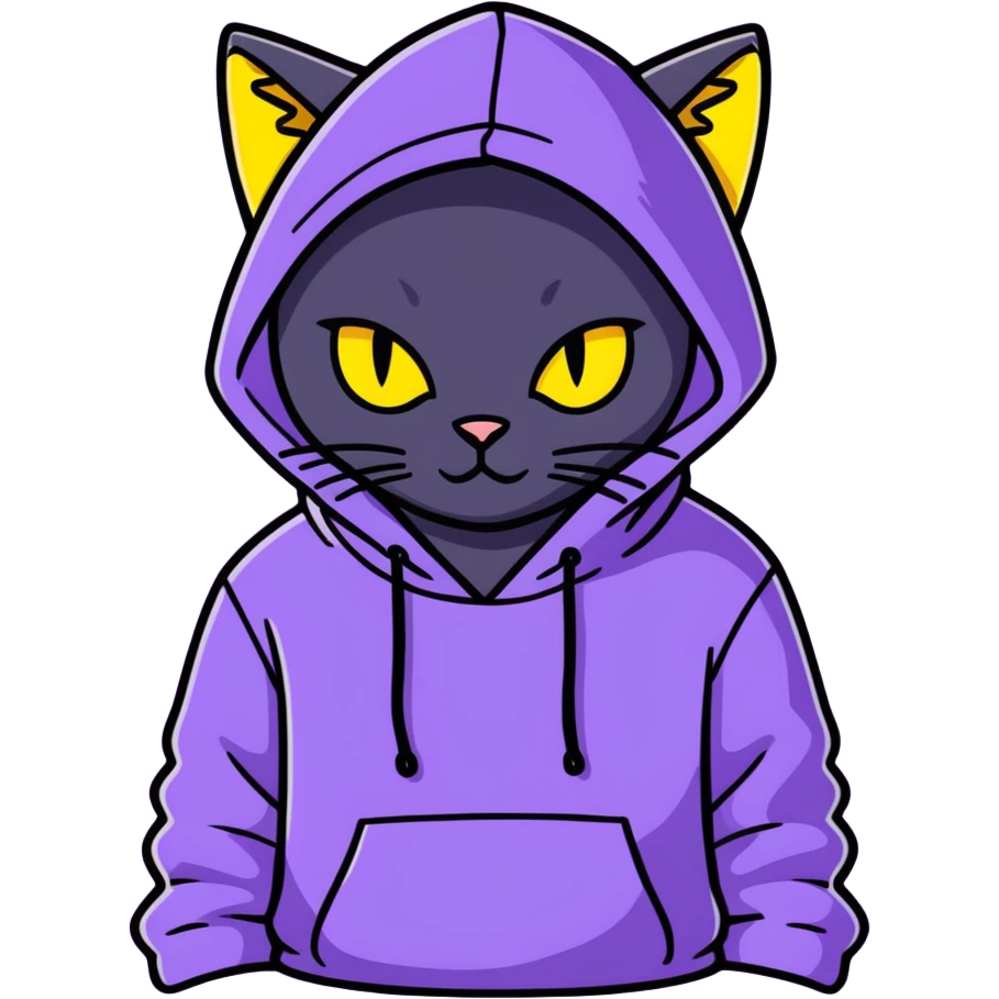 Black cat with yellow eyes wearing a violet hoodie  emoji