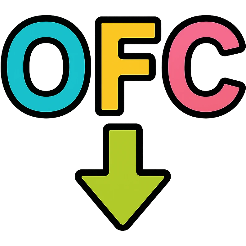 Letters OFC with a downward arrow underneath, using bright neon colors emoji