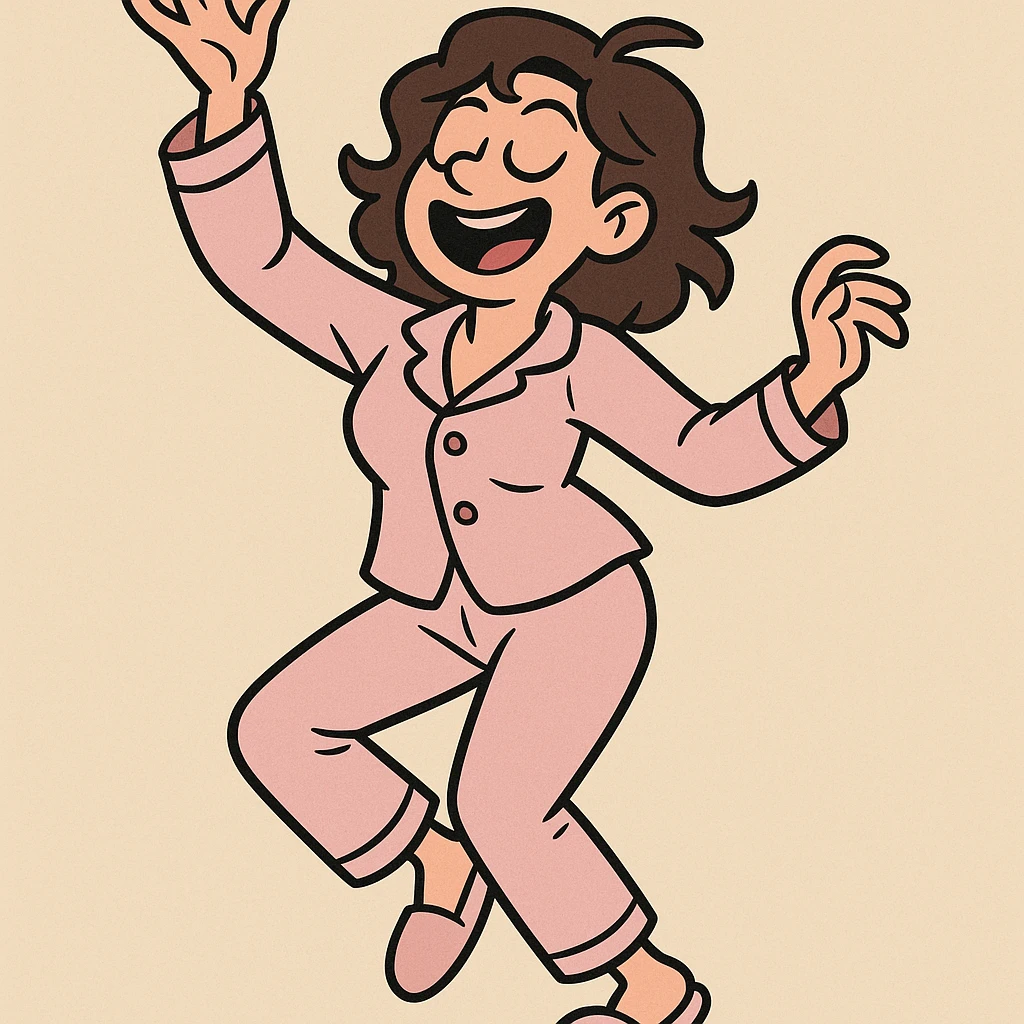 woman dancing in her pajamas, playful emoji