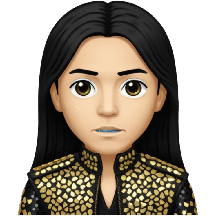 Taboo from Black Eyed Peas with long black hair, black sequin outfit  emoji