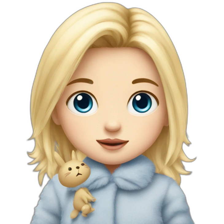 bébé fille blonde décoiffée aux yeux bleus avec une peluche Totoro  emoji