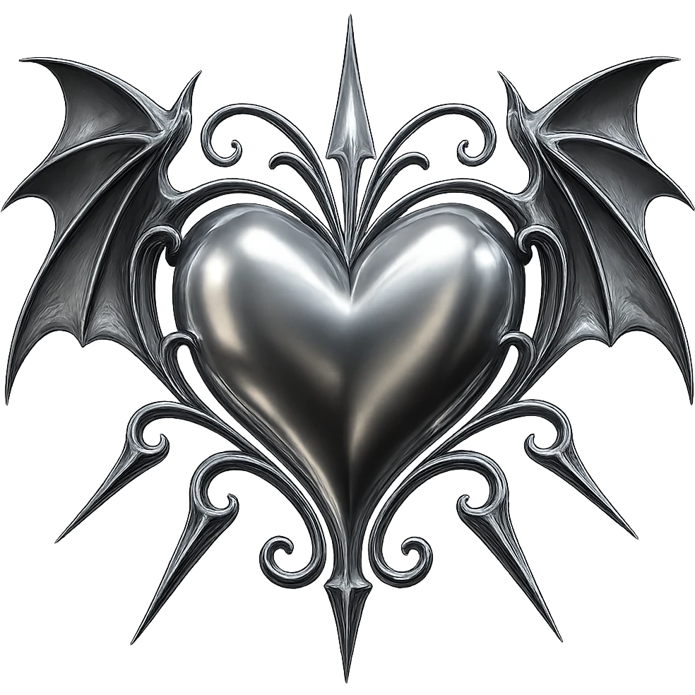 Add gothic bat wings to the black gothic heart with metallic spikes in chrome 3D style, no background. emoji