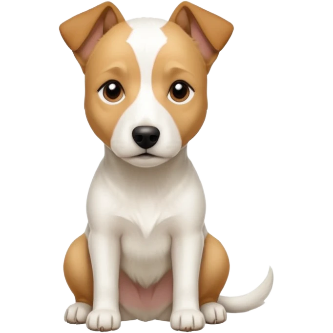a full body facing front on of a buff white parson russell terrier looking dog the size of a kelpie with light brown long ears resting on its face and a light brown patch above one eye and a large snout. the rest of the dog is completely white.  emoji