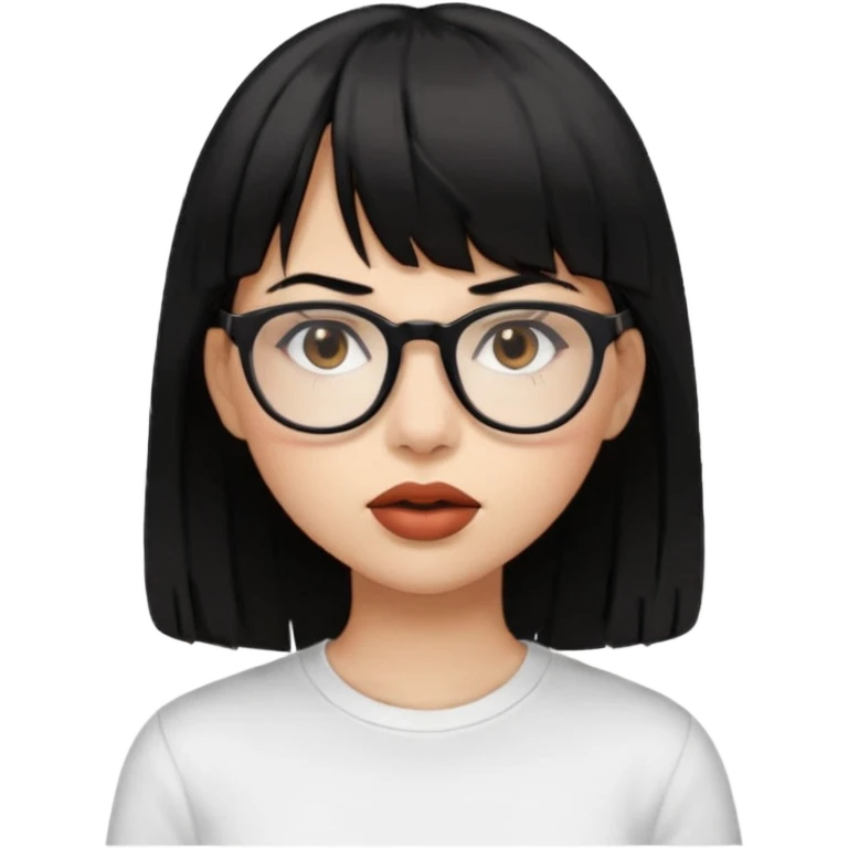 uma mulher snapchat icon, cor da pele normal, cabelo preto liso solto médio com franja, óculos pretos, piercing na boca e nariz, olhos castanhos, camisa branca emoji