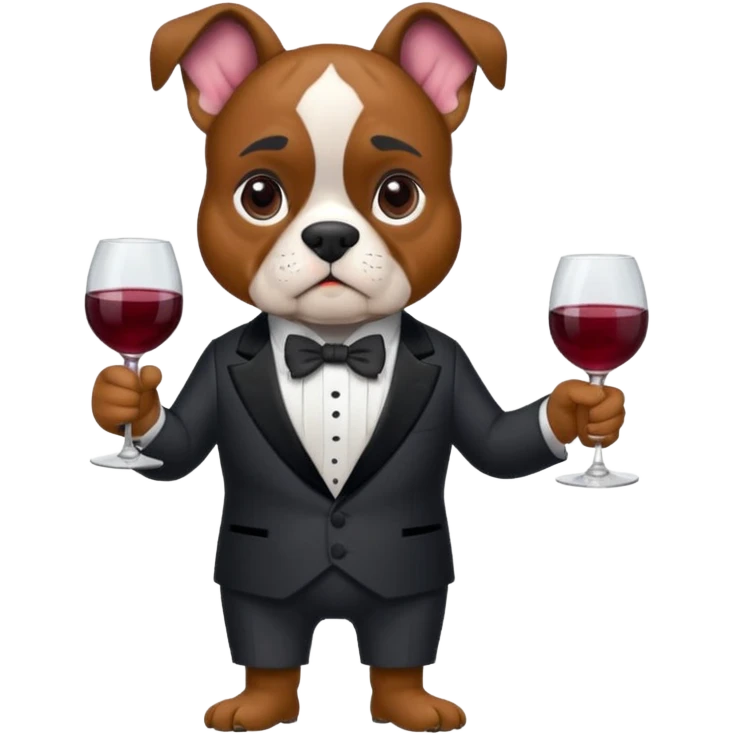 Ein kleiner, stämmiger Boxer mit kurzem, faltigem Gesicht und sehr großen, seitlich abstehenden Ohren. Er hat kurzes dunkelgrau-schwarzes Fell mit hellbraunen Abzeichen über den Augen, an Wangen und Beinen sowie etwas hellerem Kinn, with red wine glass emoji