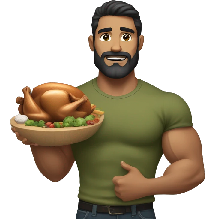 muscular man with dark hair. Little salt and pepper beard. Making a muscle with his left arm, holding a turkey In a olive green shirt emoji
