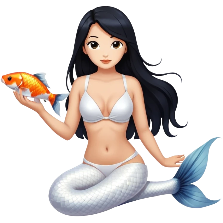 mermaid, long black hair tanned woman, koi fish tail, white shell bra emoji