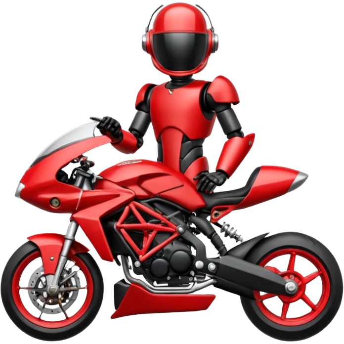Un robot type bender de Futurama conduisant une mv Agusta 800rr dragster rouge et noir avec un casque et une combinaison de même couleur emoji